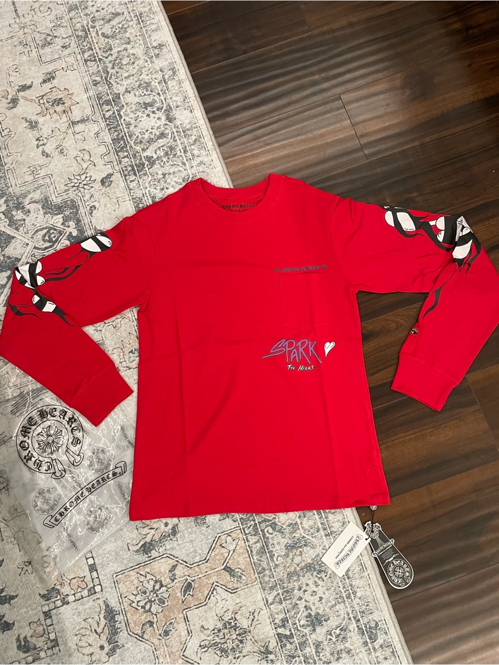Comme des Garçons Red Long Sleeve Tee with Branded Chrome Hearts Tag
